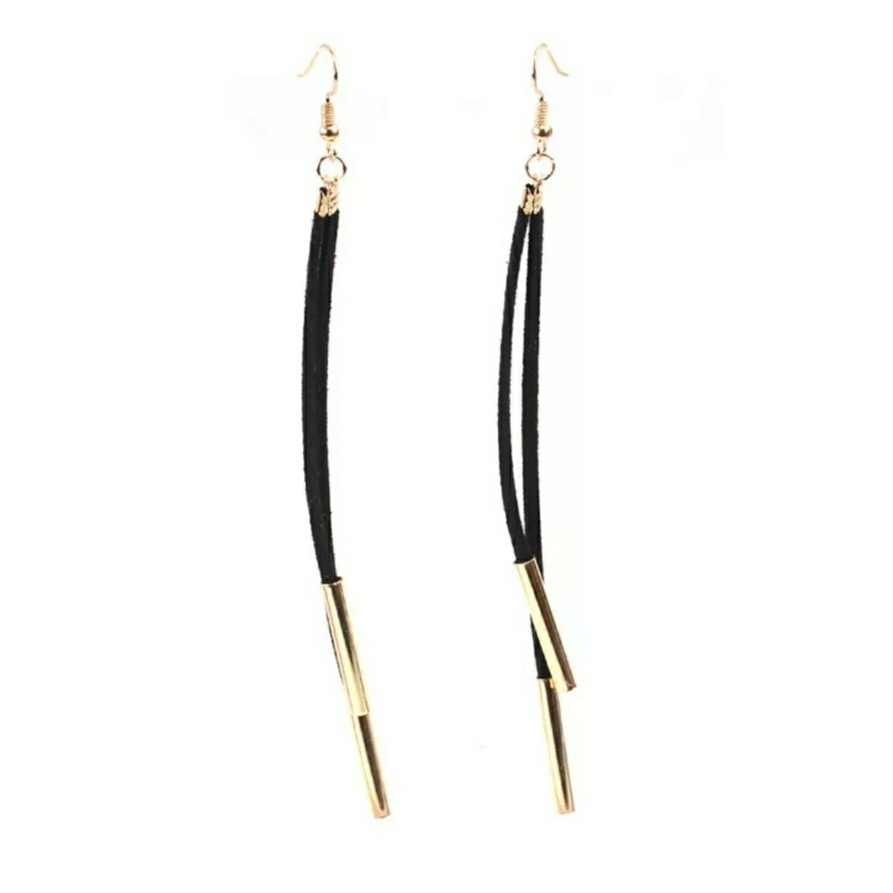 Long Edgy Earrings Black/Goldtone - Picture 2 of 2